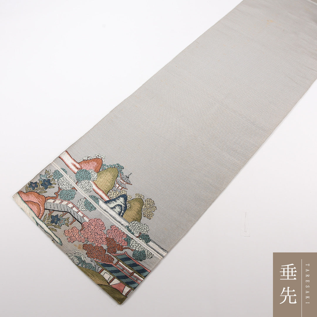 アンティーク 夏物 袋帯 帯丈400cm 正絹 六通 京洛百景 グレー系 1243-02511