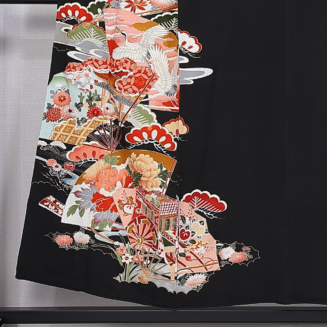 洗える着物 黒留袖 袷 身丈151cm 裄丈63cm ポリエステル Sランク 五つ紋 (丸に橘) フォーマル 広衿 Sサイズ 扇面文 松鶴 黒系 RP 1213-06567