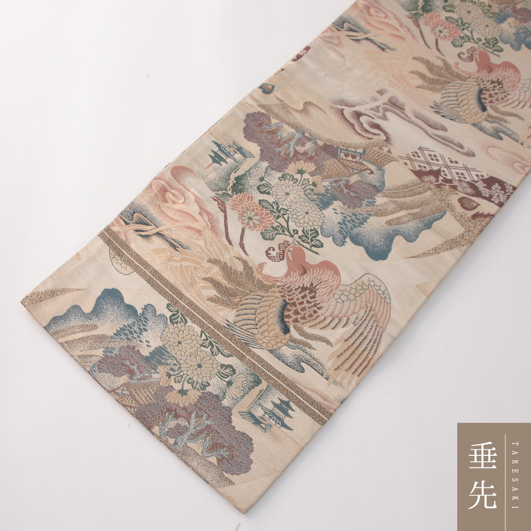 アンティーク 丸帯 帯丈386cm 正絹 全通 花喰鳥 楼閣 ベージュ系 金系 1242-02424