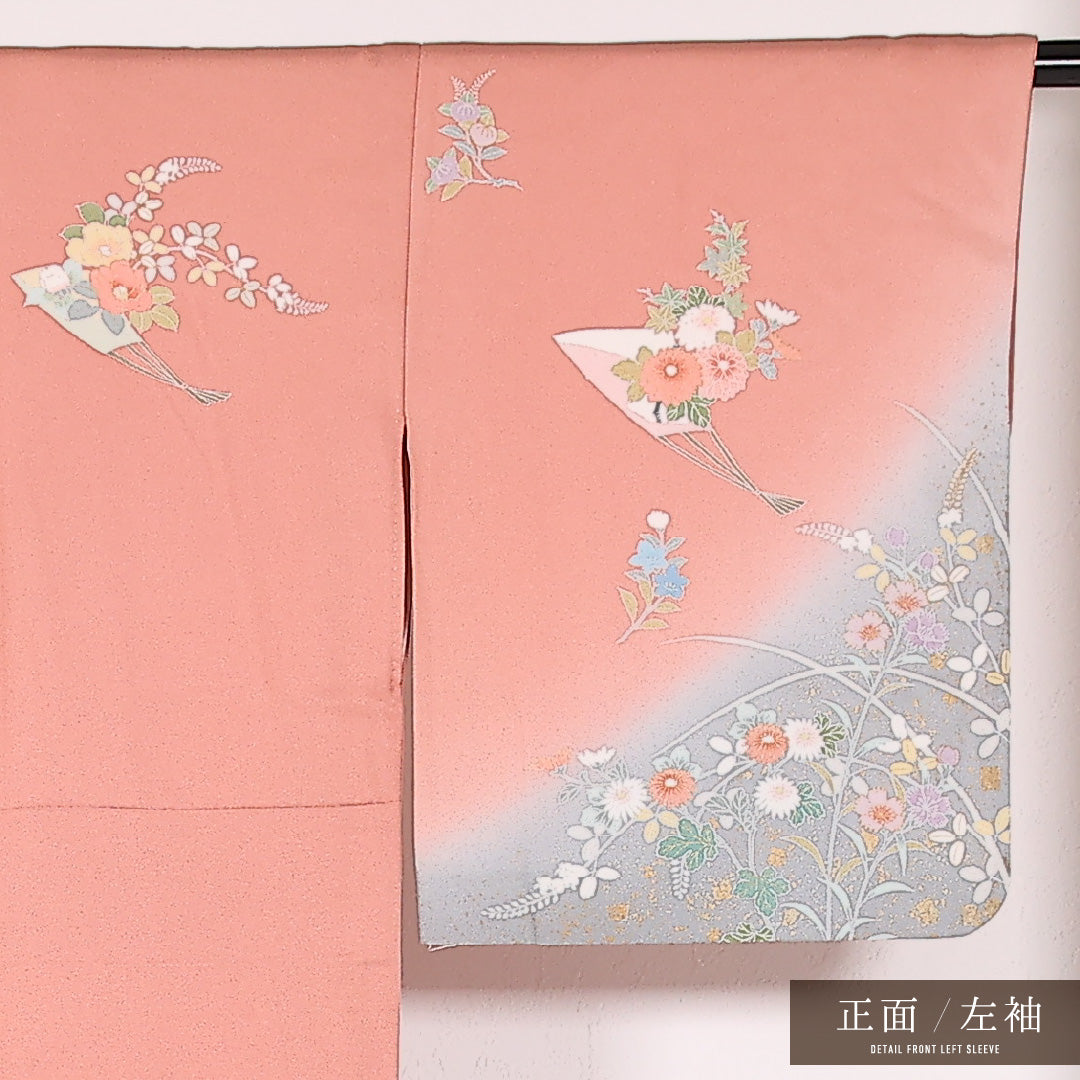 訪問着 袷 身丈155cm 裄丈64cm 正絹 Sランク セミフォーマル 広衿 Mサイズ 花扇 ピンク系 RP 1217-17527