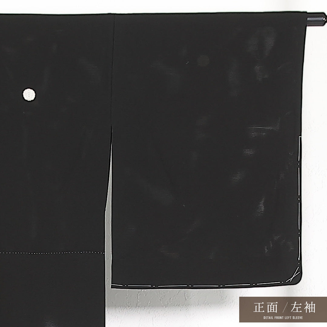 夏物 黒紋付 絽 身丈161cm 裄丈65cm 正絹 Aランク 五つ紋 (抱き柏) フォーマル 広衿 Mサイズ 黒系 RP 1230-17395