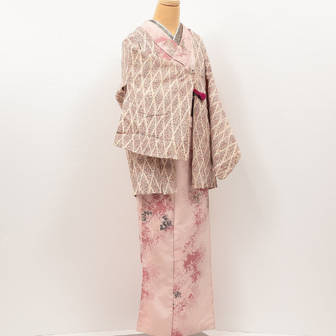 アンティーク 羽織 袷 身丈73cm 裄丈63cm 正絹 Cランク Sサイズ 紐あり 菱つなぎ クリーム系 LP 1232-17208