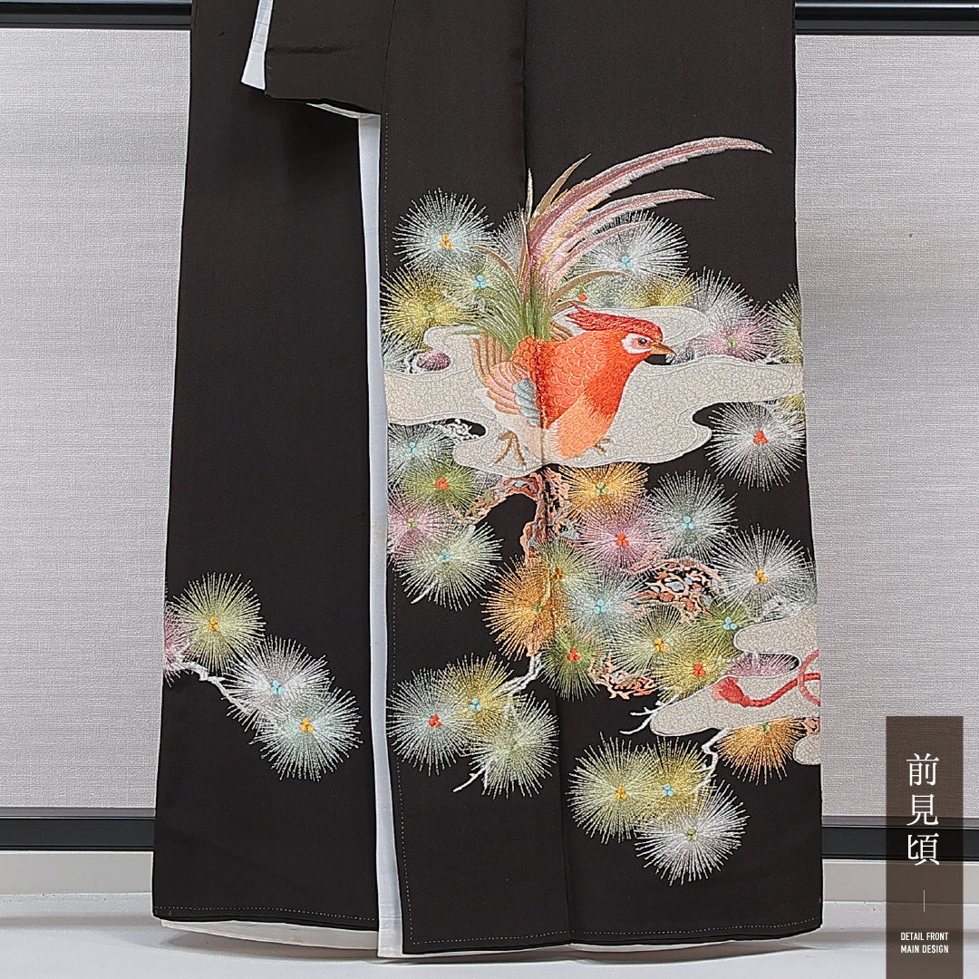 黒留袖 袷 身丈159cm 裄丈63cm 正絹 Cランク 五つ紋 (五三桐) フォーマル 広衿 Mサイズ 刺繍 比翼 鳳凰 黒系 LP 1213-07016