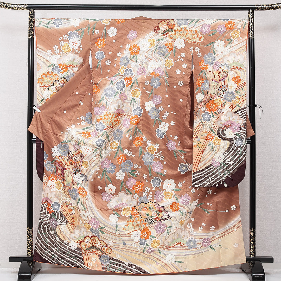 振袖 袷 身丈166cm 裄丈65cm 正絹 Sランク フォーマル 広衿 XLサイズ 御所車 菊 茶系 RP 1215-06979