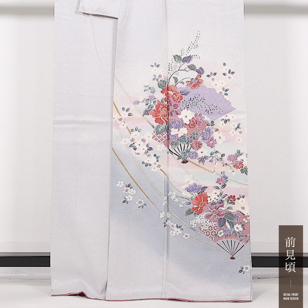 訪問着 袷 身丈161cm 裄丈65cm 正絹 Cランク セミフォーマル 広衿 Lサイズ 刺繍 花扇 グレー系 RP 1217-17519