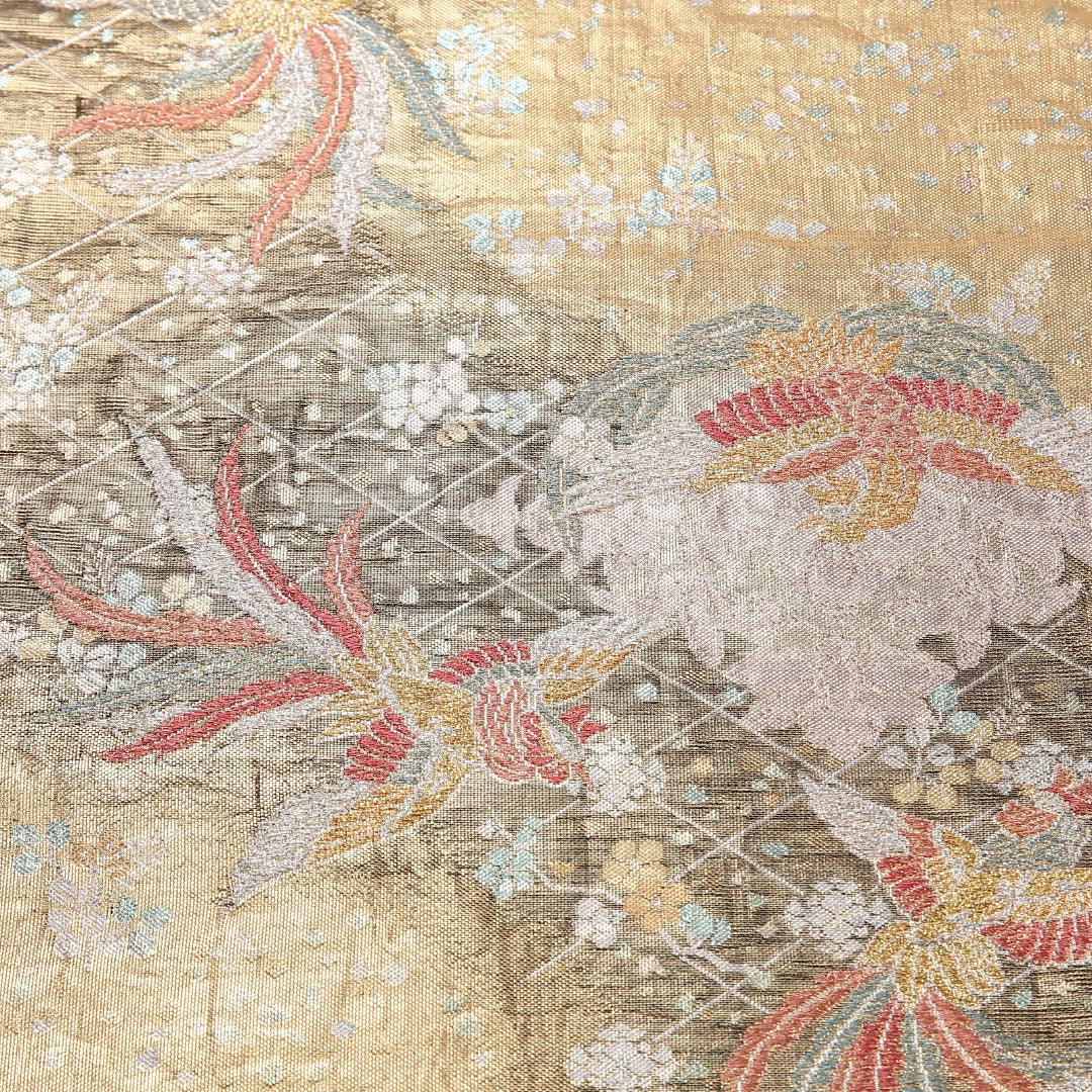 袋帯 帯丈436cm 正絹 六通 フォーマル 佐賀錦 花喰鳥 金系 1243-02536