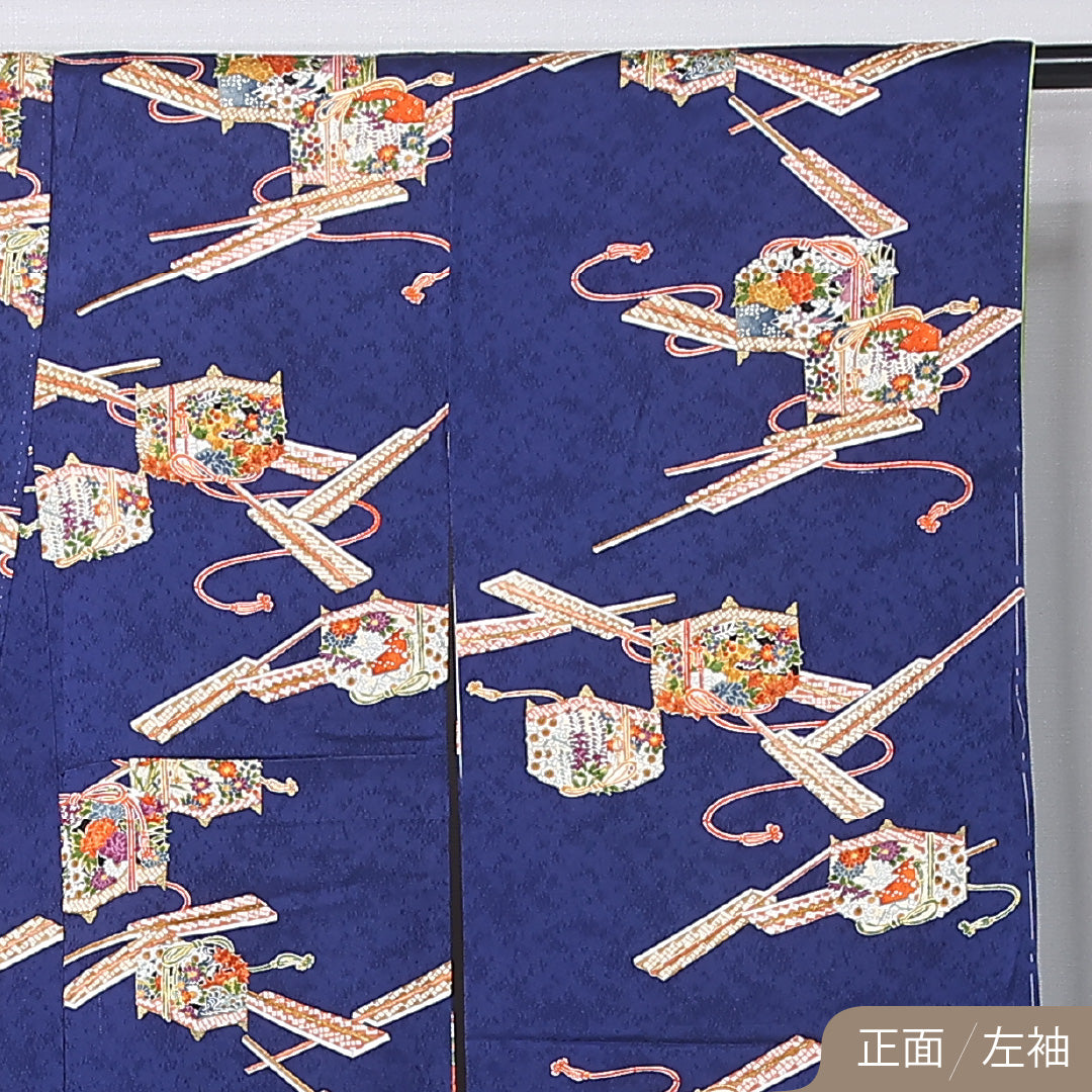 振袖 袷 身丈156cm 裄丈65cm 正絹 Sランク フォーマル 広衿 Mサイズ 玉手箱 紺系 RP 1215-06729