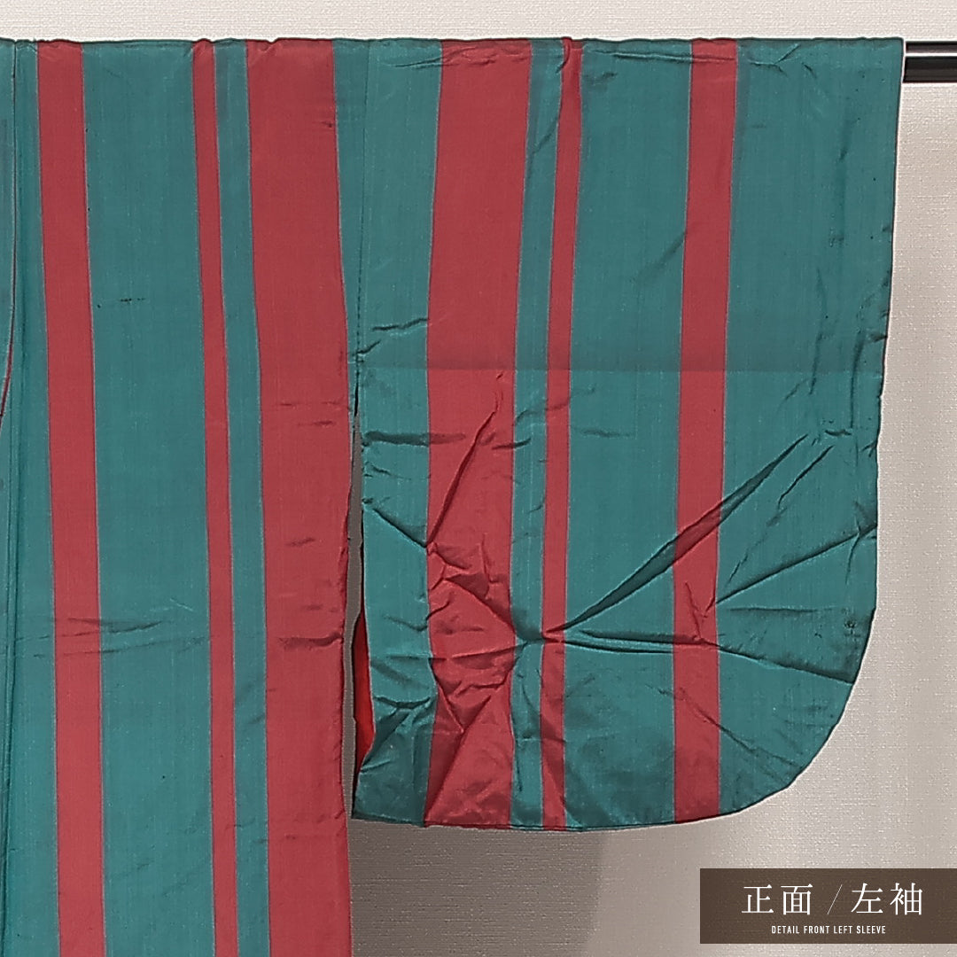 アンティーク お召 袷 身丈135cm 裄丈62cm 正絹 Cランク バチ衿 XSサイズ 縞 緑系 RP 1222-17206