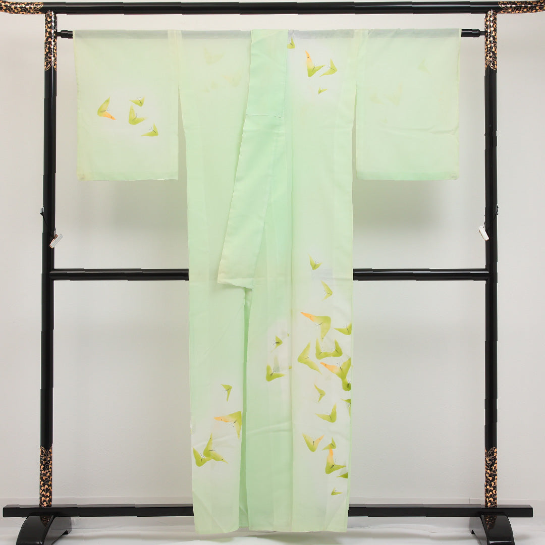 夏物 付下げ 絽 身丈158cm 裄丈65cm 正絹 Aランク インフォーマル 広衿 Mサイズ 蝶 緑系 LP 1218-17303
