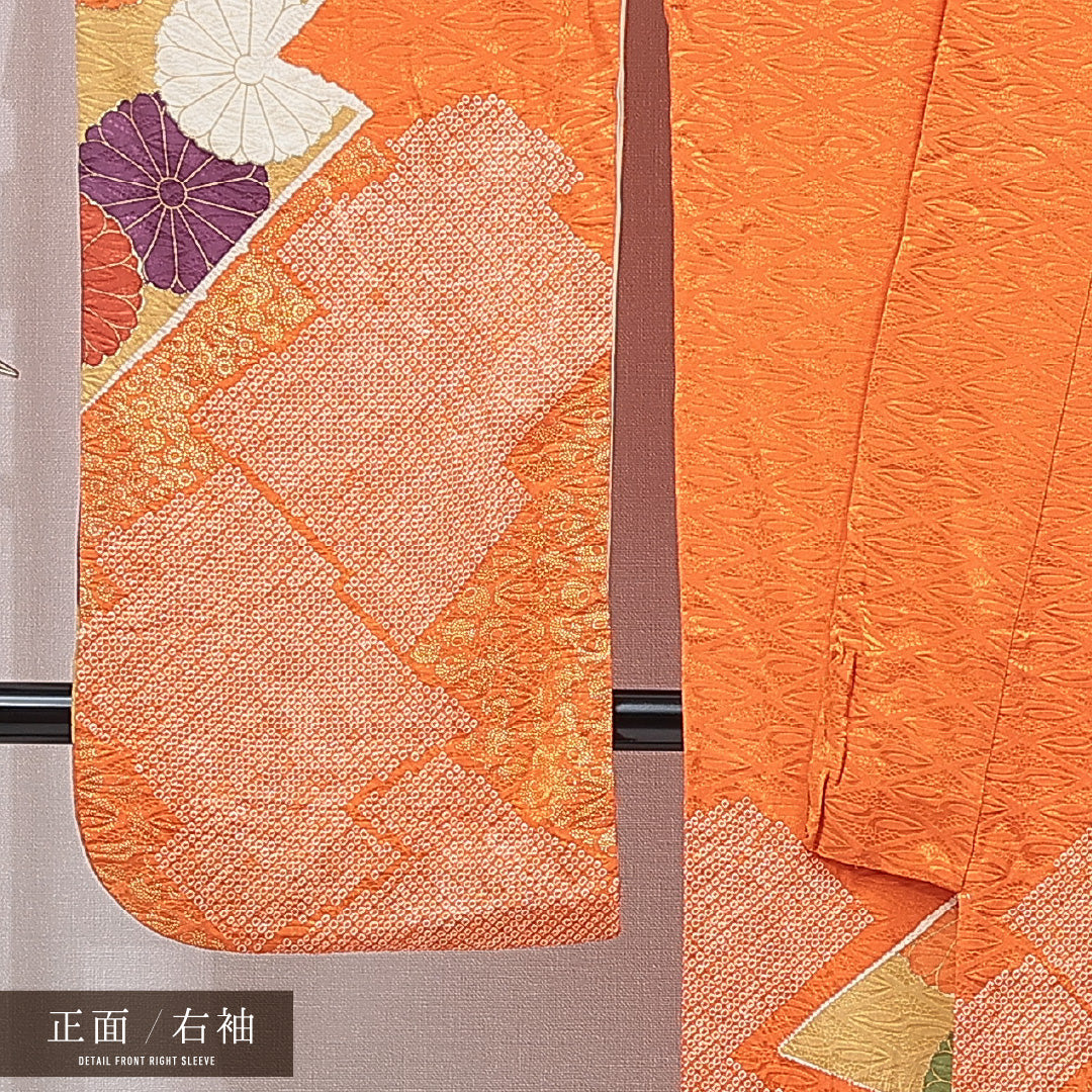 振袖 袷 身丈168cm 裄丈66cm 正絹 Sランク フォーマル 広衿 XLサイズ 金駒刺繍 菊 朱系 RP 1215-07010