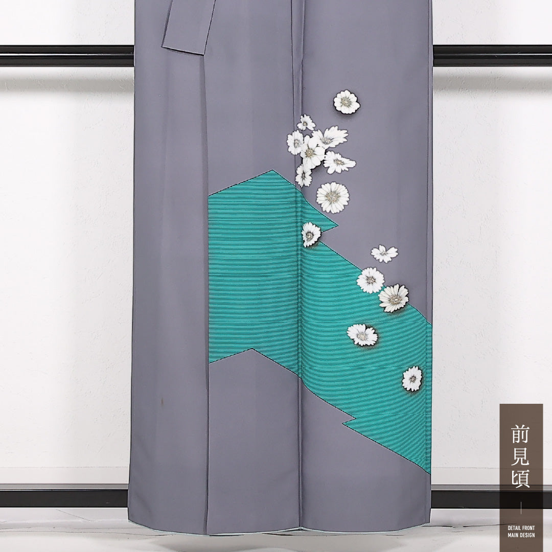 洗える着物 訪問着 単衣 身丈157cm 裄丈66cm ポリエステル Aランク 踊り用 バチ衿 Mサイズ 菊 グレー系 LP 1217-17512