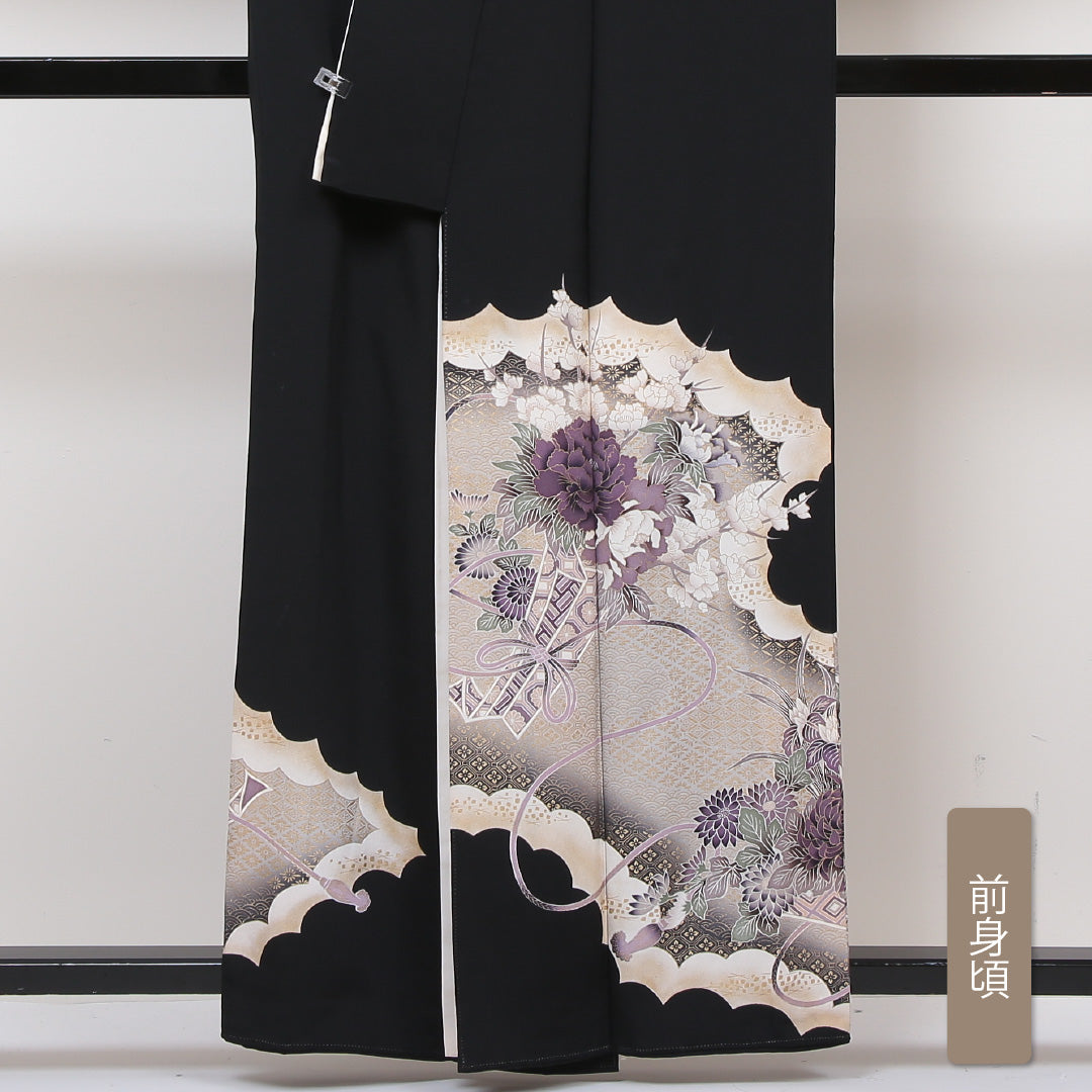 黒留袖 袷 身丈160cm 裄丈64cm 正絹 Aランク 五つ紋 (根笹) フォーマル 広衿 Lサイズ 熨斗 牡丹 黒系 RP 1213-06428