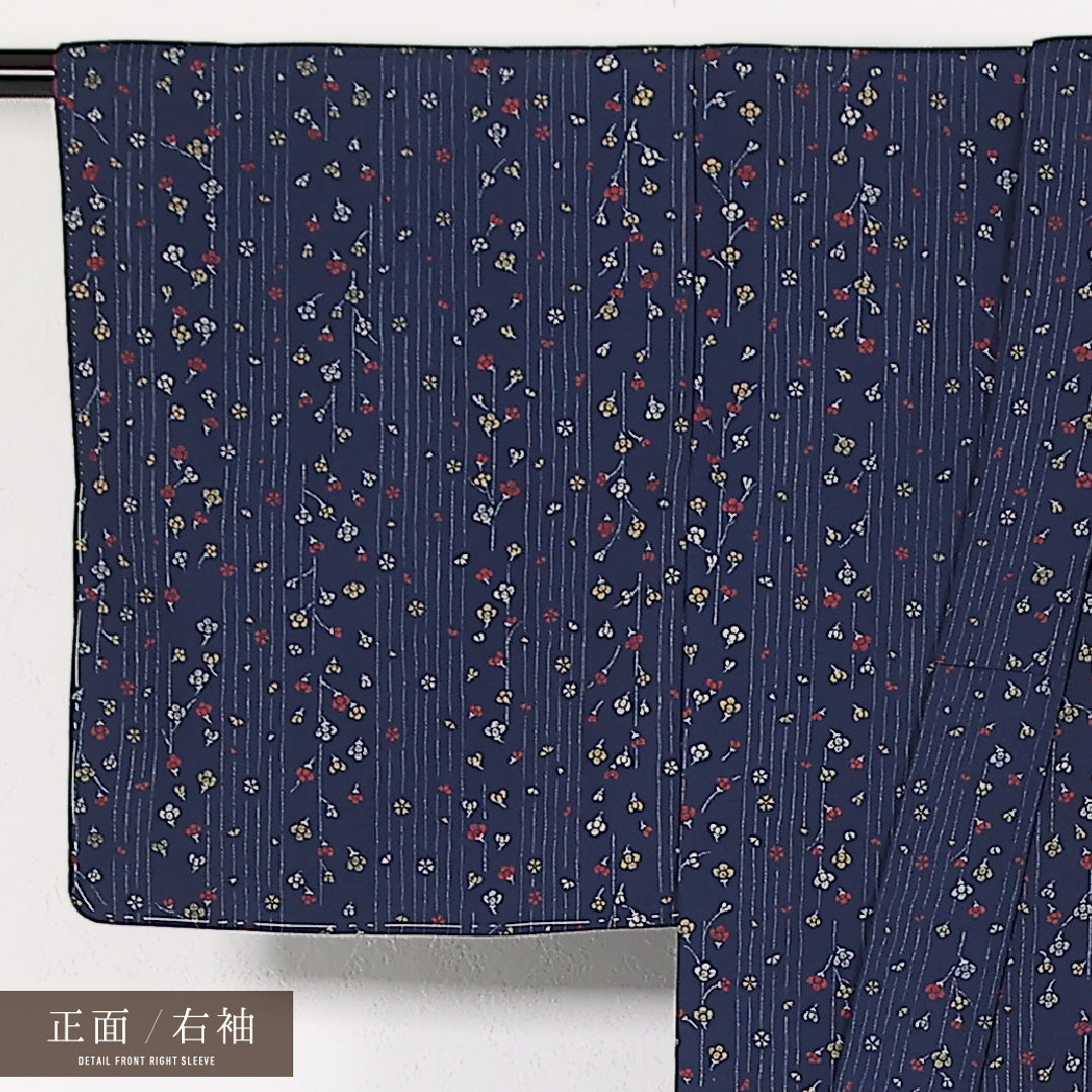 未使用品 洗える着物 小紋 袷 身丈157cm 裄丈62cm ポリエステル Sランク インフォーマル 広衿 XLサイズ しつけ糸 花柄 紺系 RP 1221-17391