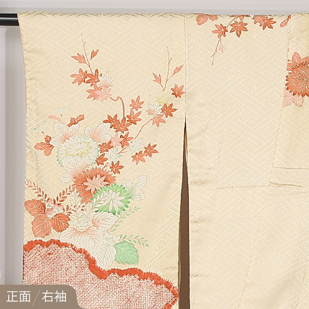 振袖 袷 身丈153cm 裄丈65cm 正絹 Cランク 一つ紋 (五三桐) フォーマル 広衿 Sサイズ 花車 ベージュ系 RP 1215-06756