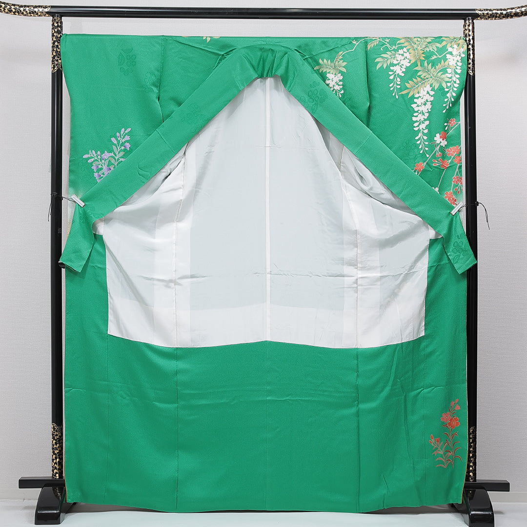 振袖 袷 身丈168cm 裄丈68cm 正絹 Sランク フォーマル 広衿 XLサイズ 金駒刺繍 椿 緑系 RP 1215-07014