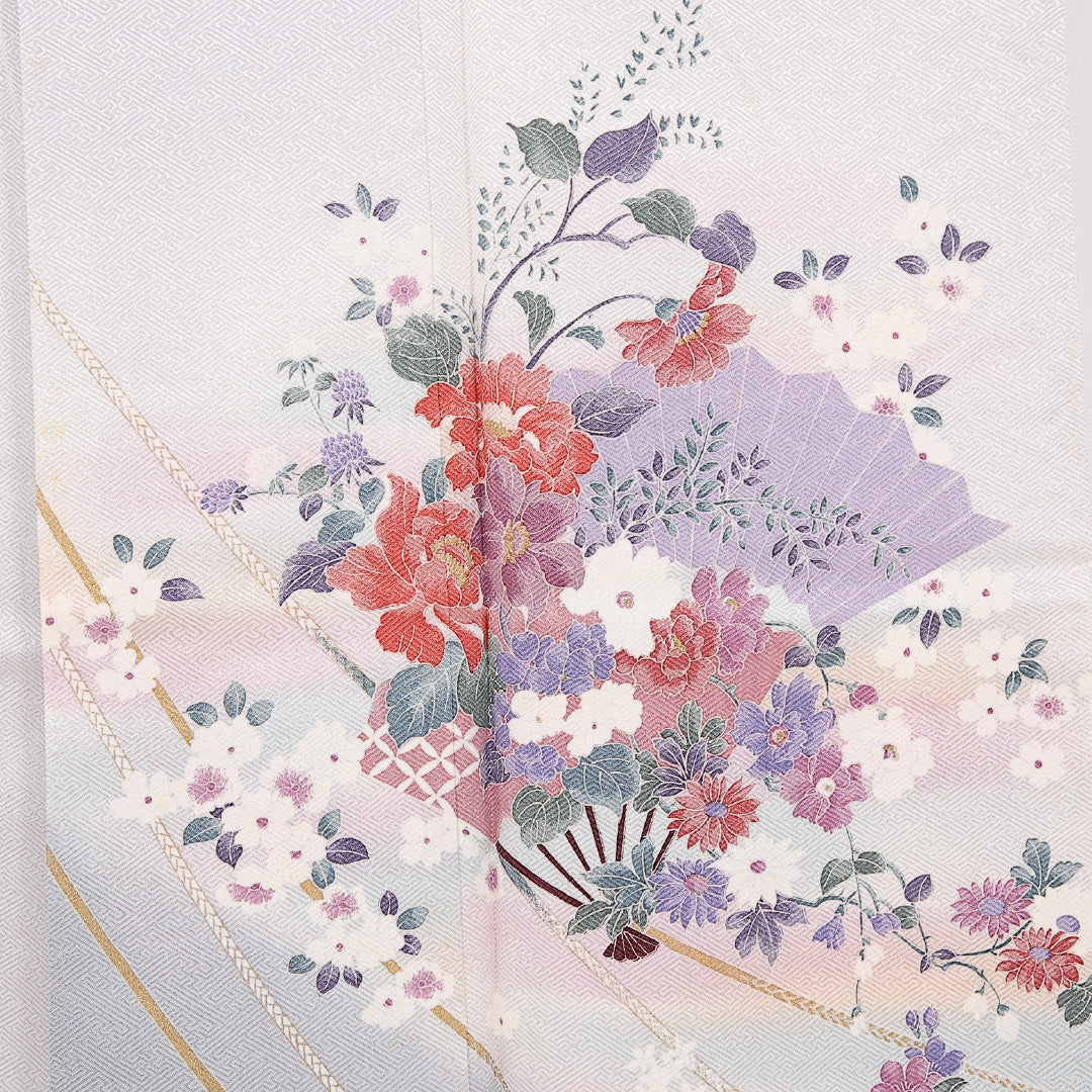 訪問着 袷 身丈161cm 裄丈65cm 正絹 Cランク セミフォーマル 広衿 Lサイズ 刺繍 花扇 グレー系 RP 1217-17519