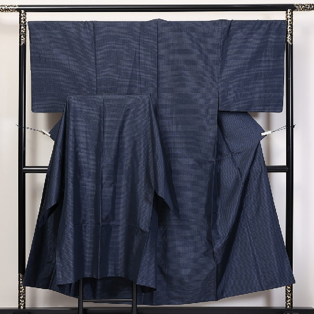 夏物 洗える着物 麻の男着物 身丈130cm 裄丈65cm 麻 Cランク カジュアル 棒衿 Mサイズ 居敷当て 肩当て 抽象柄 グレー系 RP 1224-17370