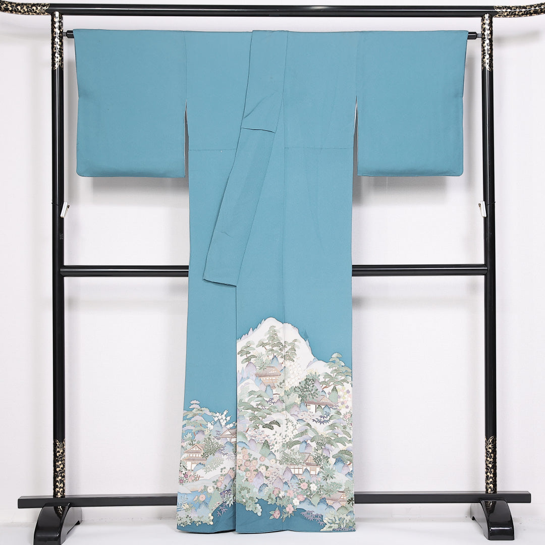 色留袖 袷 身丈161cm 裄丈66cm 正絹 Sランク 一つ紋 (対い鶴) セミフォーマル 広衿 Lサイズ 加賀友禅 作家物 落款 向かい鳥 茶屋辻 青系 M4 1214-06555