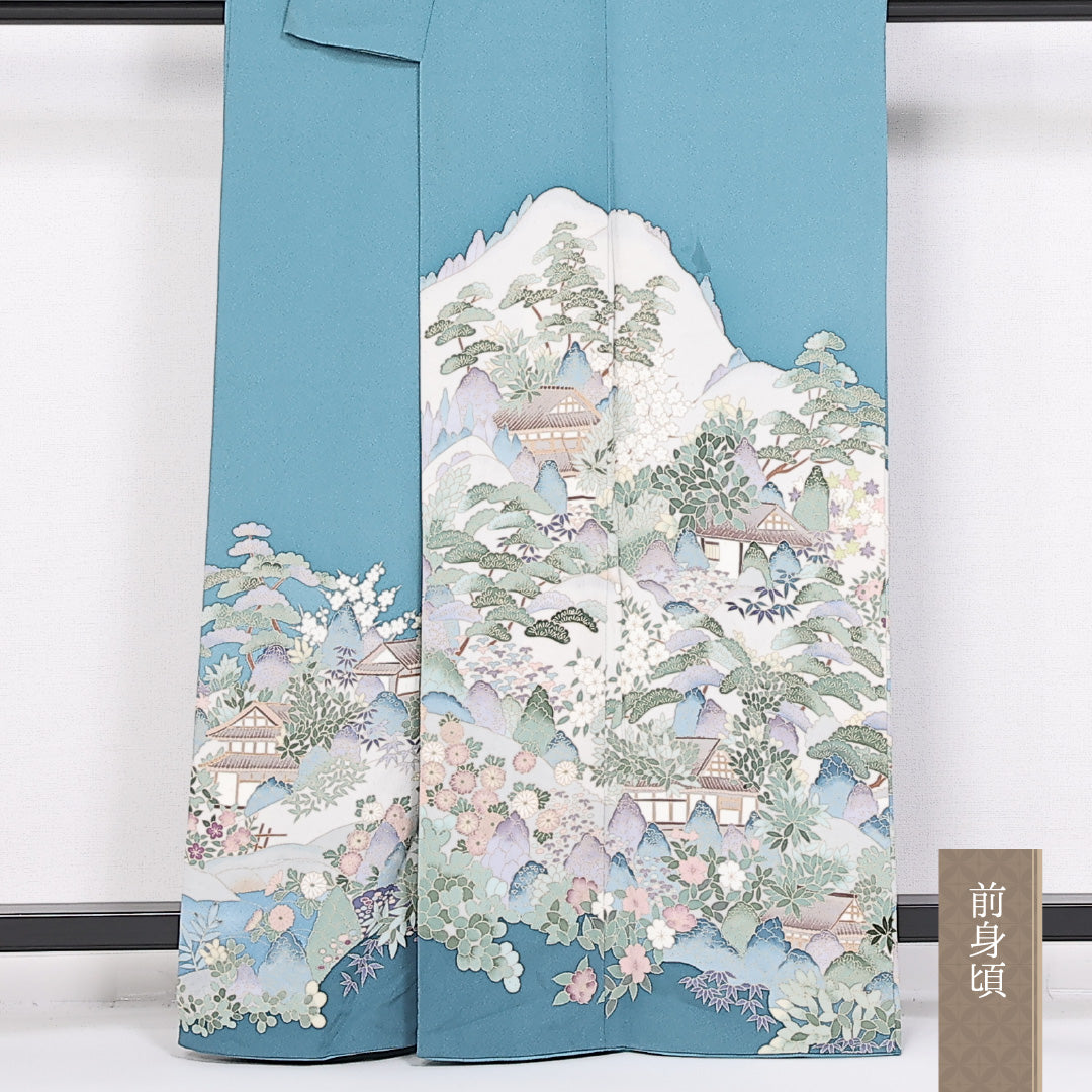 色留袖 袷 身丈161cm 裄丈66cm 正絹 Sランク 一つ紋 (対い鶴) セミフォーマル 広衿 Lサイズ 加賀友禅 作家物 落款 向かい鳥 茶屋辻 青系 M4 1214-06555