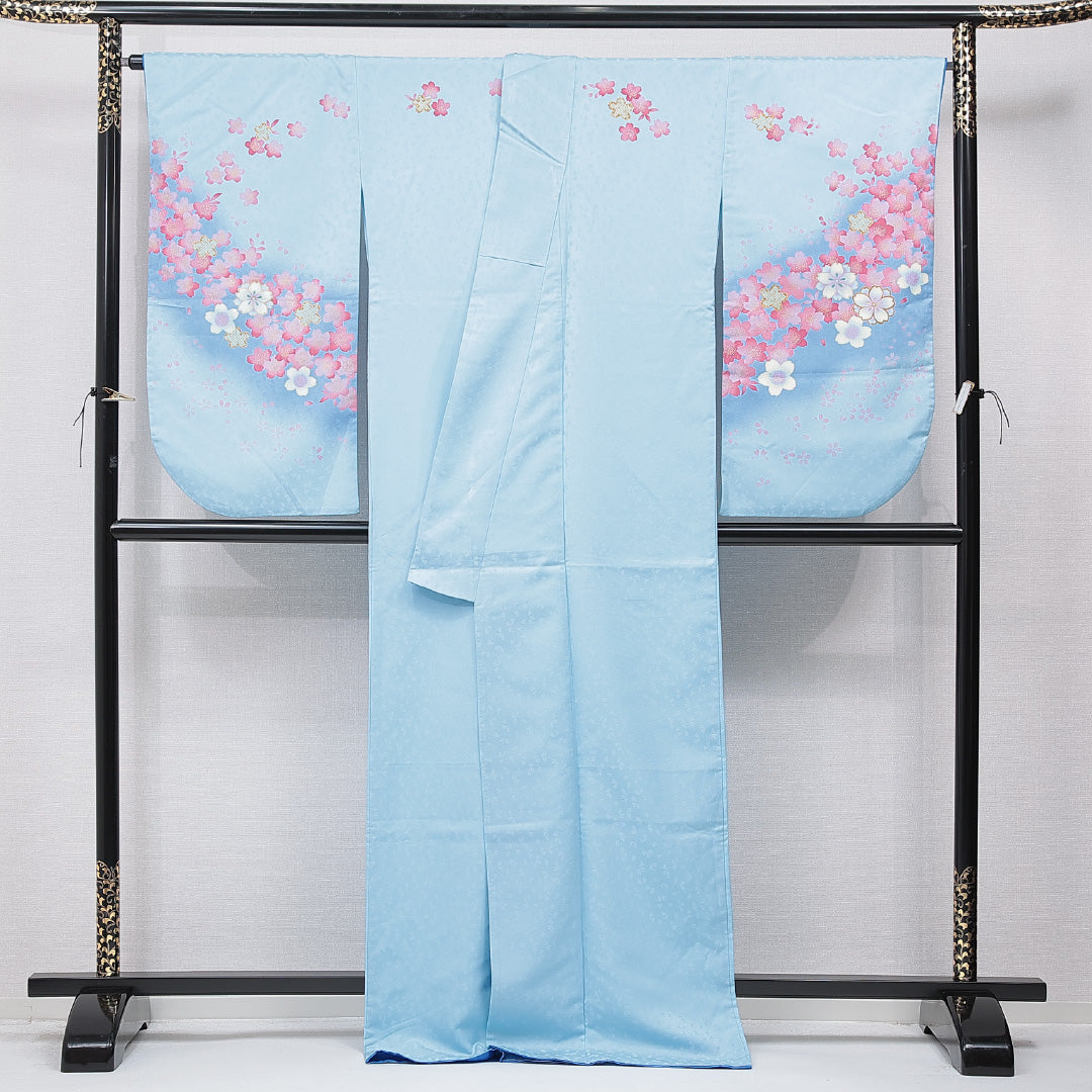 洗える着物 小振袖 袷 身丈169cm 裄丈67cm ポリエステル Cランク セミフォーマル 広衿 XLサイズ 桜 水色系 LP 1216-07031