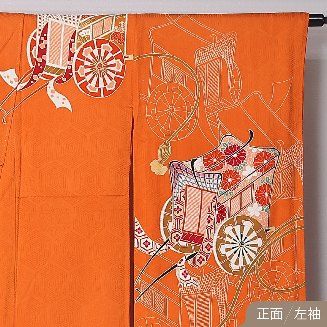 振袖 袷 身丈161cm 裄丈66cm 正絹 Sランク フォーマル 広衿 Lサイズ 御所車 朱系 RP 1215-06764