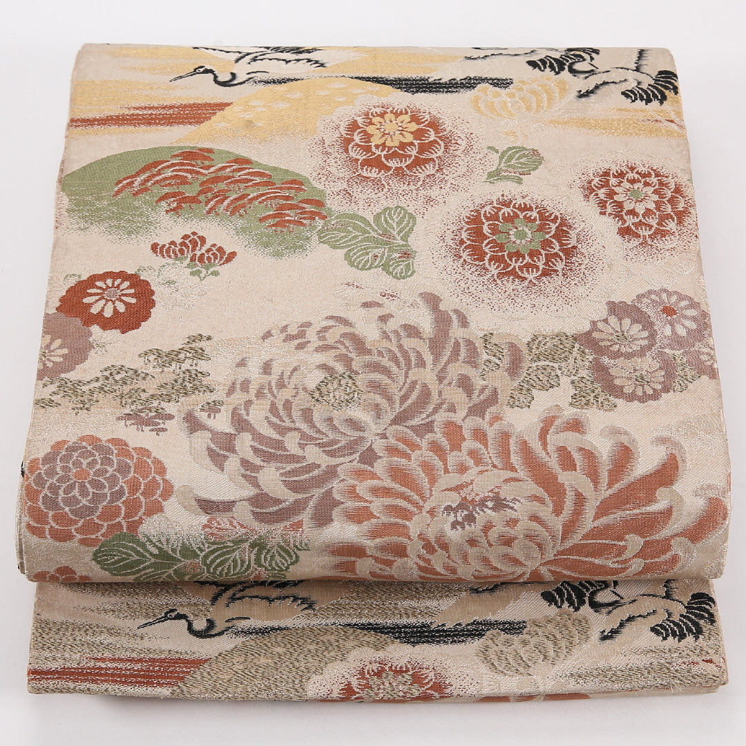 アンティーク 丸帯 帯丈372cm 正絹 全通 鶴 菊 ベージュ系 1242-02565