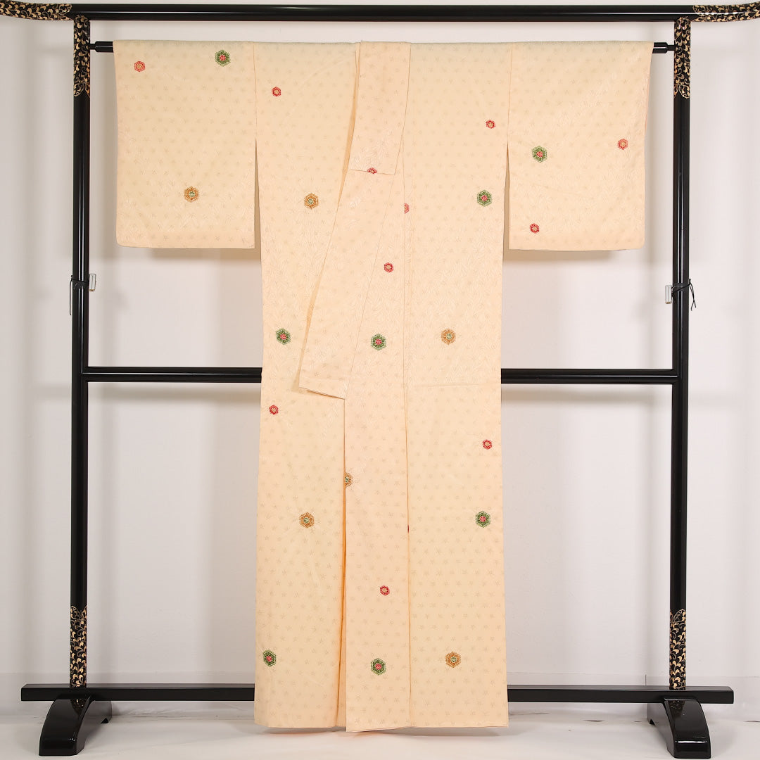 洗える着物 小紋 袷 身丈160cm 裄丈65cm ポリエステル Sランク インフォーマル 広衿 Mサイズ 菊亀甲 黄系 RP 1221-17542