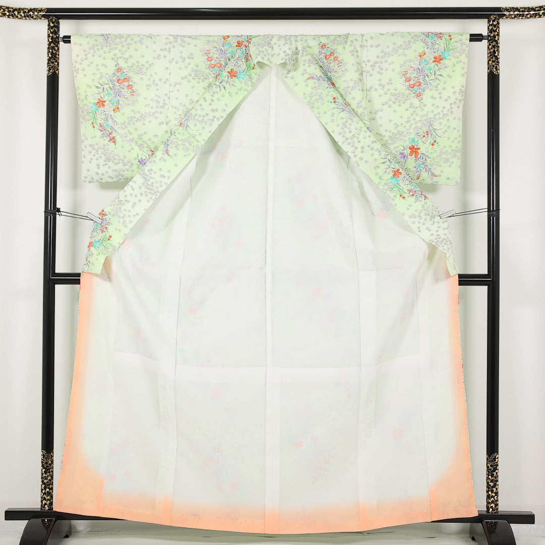 洗える着物 小紋 袷 身丈163cm 裄丈64cm ポリエステル Bランク インフォーマル 広衿 Mサイズ 花柄 緑系 LP 1221-17453