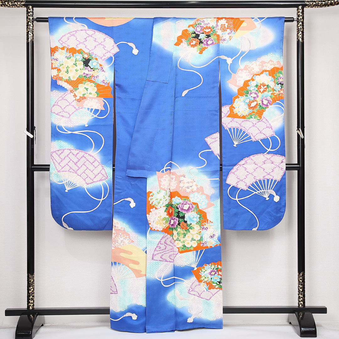 振袖 袷 身丈162cm 裄丈66cm 正絹 Cランク フォーマル 広衿 Lサイズ 扇面文 吉祥文様 青系 RP 1215-06785