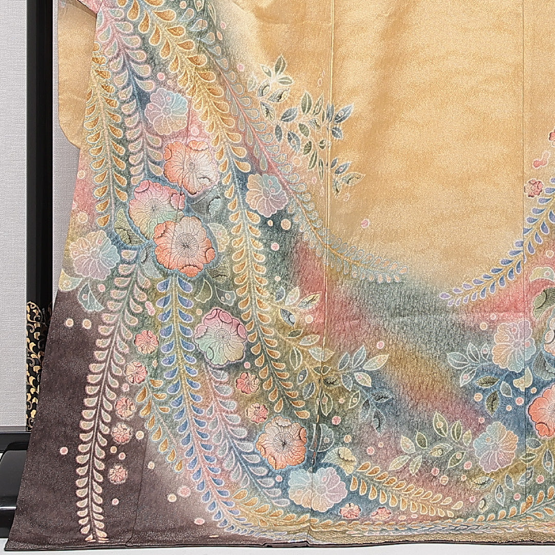 振袖 袷 身丈180cm 裄丈66cm 正絹 Aランク フォーマル 広衿 3XLサイズ 花柄 ベージュ系 RP 1215-06983