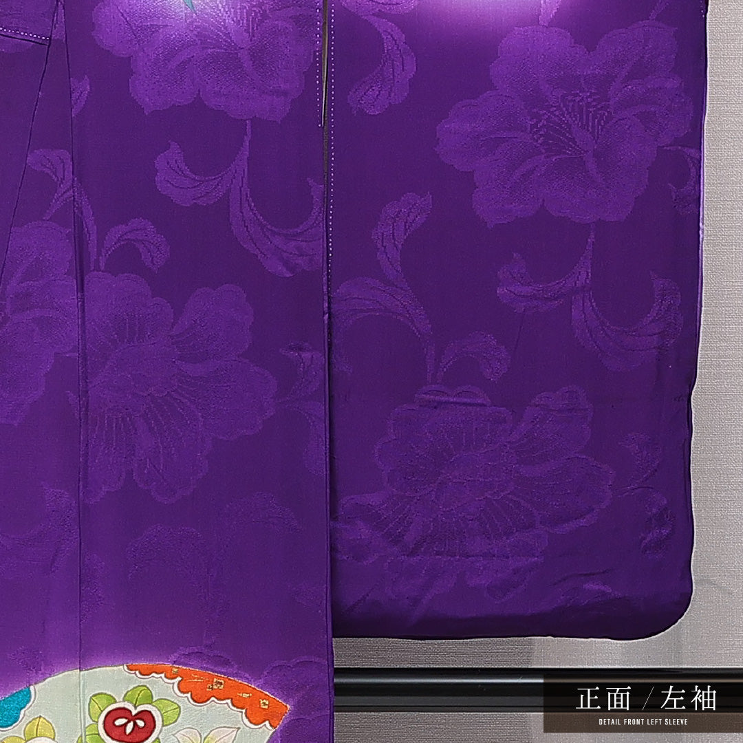 アンティーク 小振袖 (錦紗) 袷 身丈153cm 裄丈62cm 正絹 Dランク 広衿 Sサイズ 扇面文 紫系 M4 1216-07101