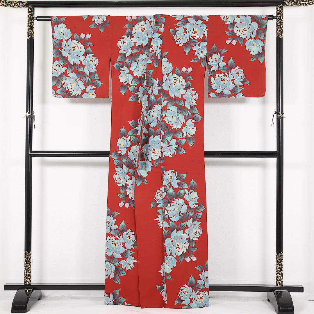 夏物 洗える着物 木綿の浴衣 身丈162cm 裄丈64cm 木綿 Cランク カジュアル バチ衿 XSサイズ 牡丹 赤系 RP 1225-17486