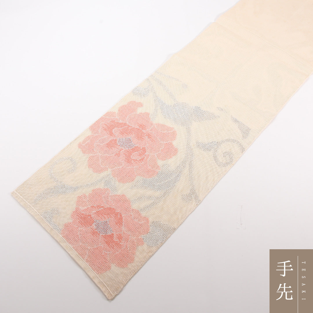 夏物 袋帯 帯丈428cm 正絹 六通 インフォーマル 唐草牡丹 クリーム系 1243-02512