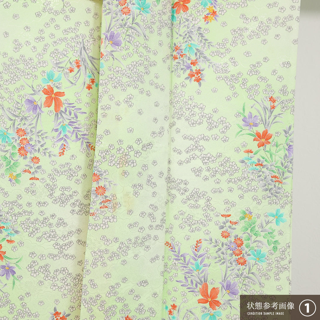 洗える着物 小紋 袷 身丈163cm 裄丈64cm ポリエステル Bランク インフォーマル 広衿 Mサイズ 花柄 緑系 LP 1221-17453
