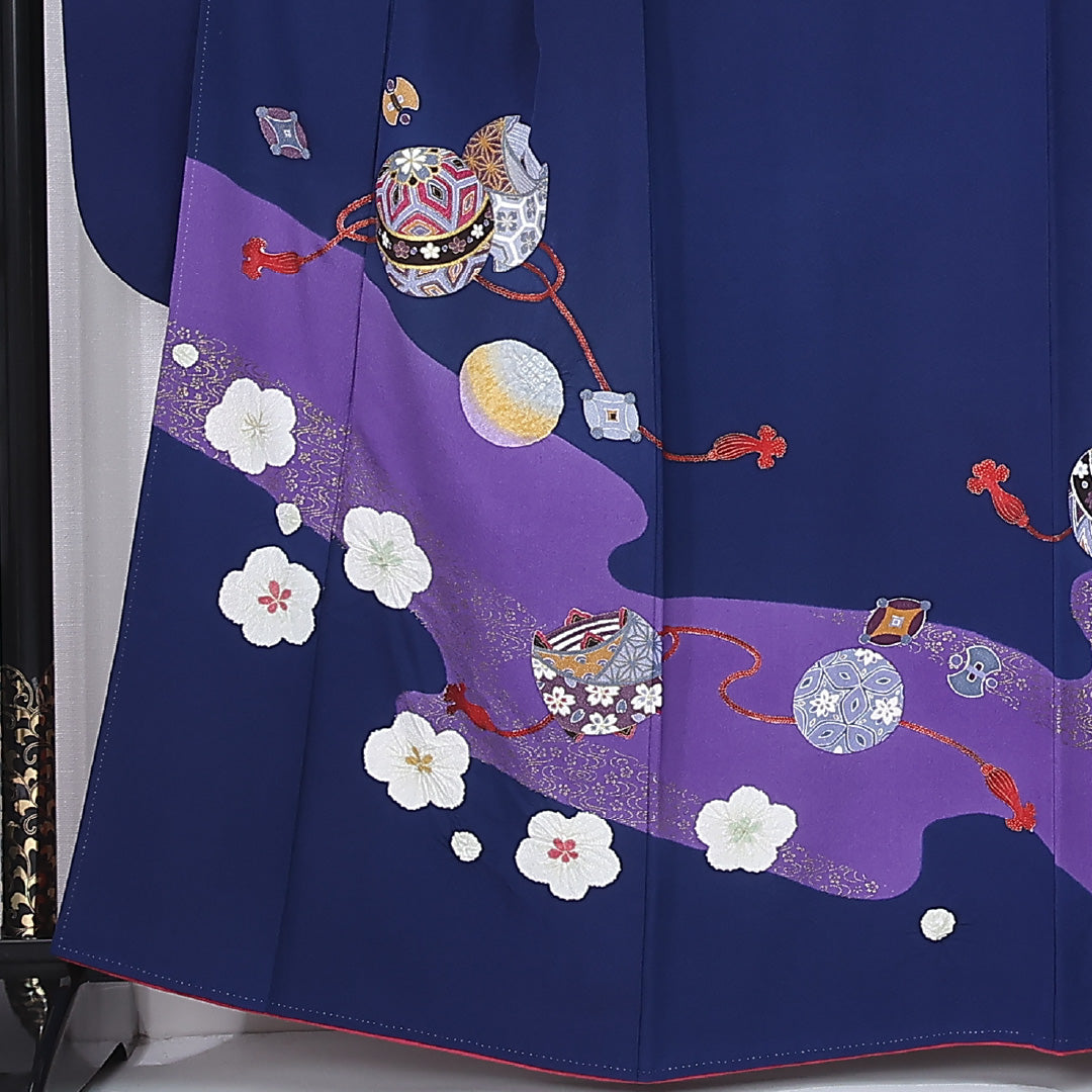 振袖 袷 身丈161cm 裄丈68cm 正絹 Bランク フォーマル 広衿 Lサイズ 絞り 毬 梅 紺系 M4 1215-06728