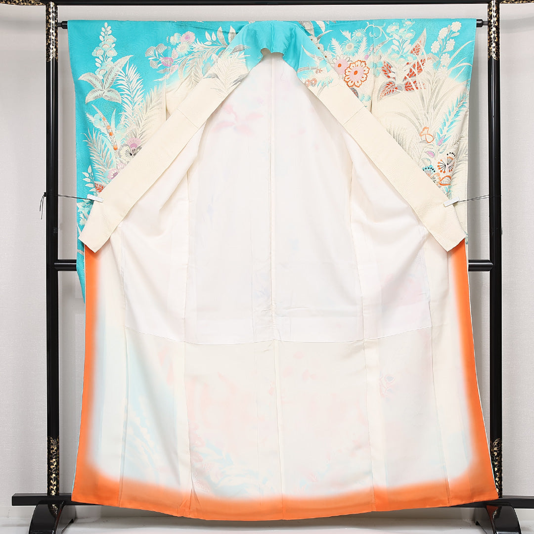 洗える着物 振袖 袷 身丈163cm 裄丈64cm ポリエステル Bランク フォーマル 広衿 Lサイズ 刺繍 孔雀 水色系 RP 1215-06804