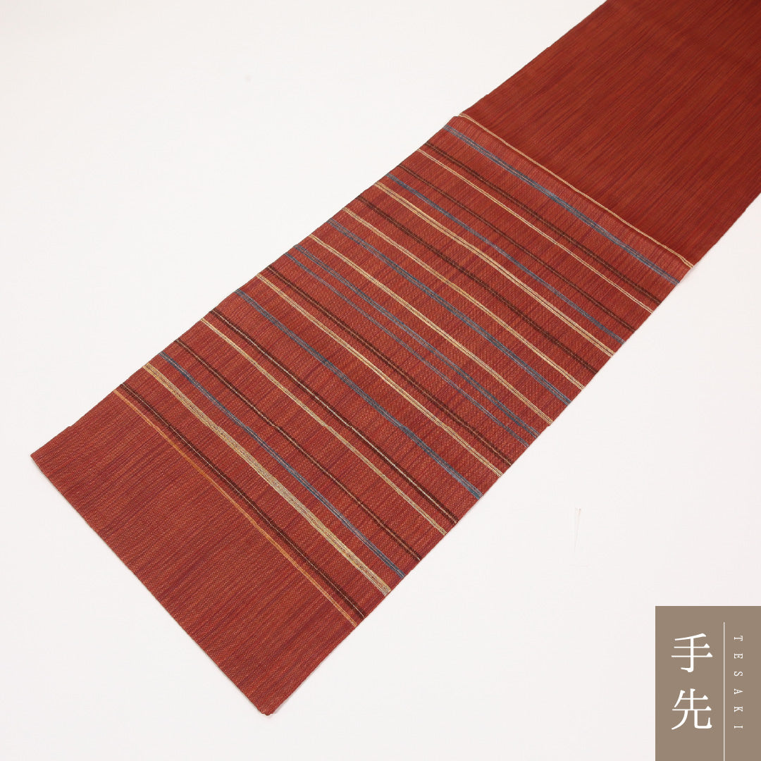 夏物 袋帯(紬) 帯丈468cm 正絹 六通 カジュアル 縞 茶系 1243-02432