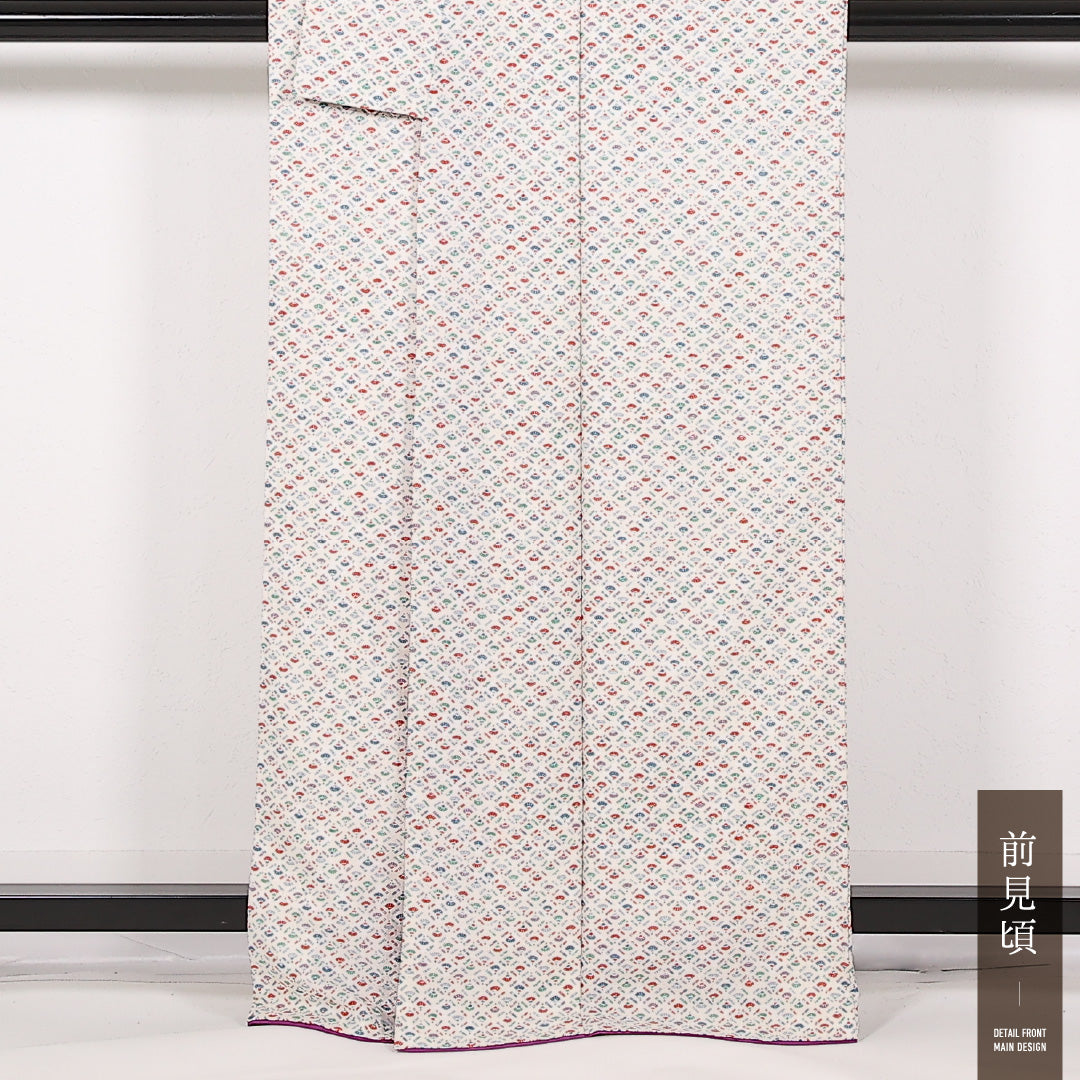 小紋 袷 身丈162cm 裄丈66cm 正絹 Sランク インフォーマル 広衿 XSサイズ 扇 白系 RP 1221-17515