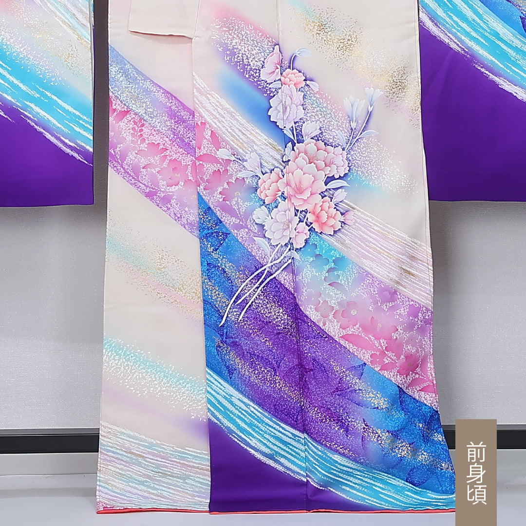 振袖 袷 身丈164cm 裄丈67cm 正絹 Aランク フォーマル 広衿 Lサイズ 秋山庄太郎 作家物 落款 牡丹 多色系 M4 1215-06720
