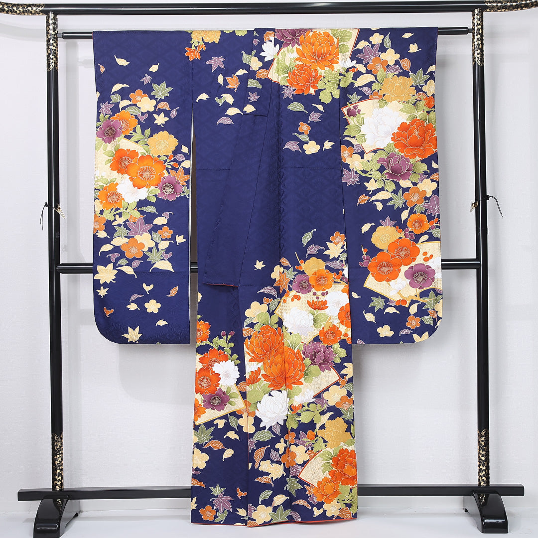 振袖 袷 身丈160cm 裄丈62cm 正絹 Sランク フォーマル 広衿 Lサイズ 扇面文 菊 紅葉 紺系 RP 1215-06724