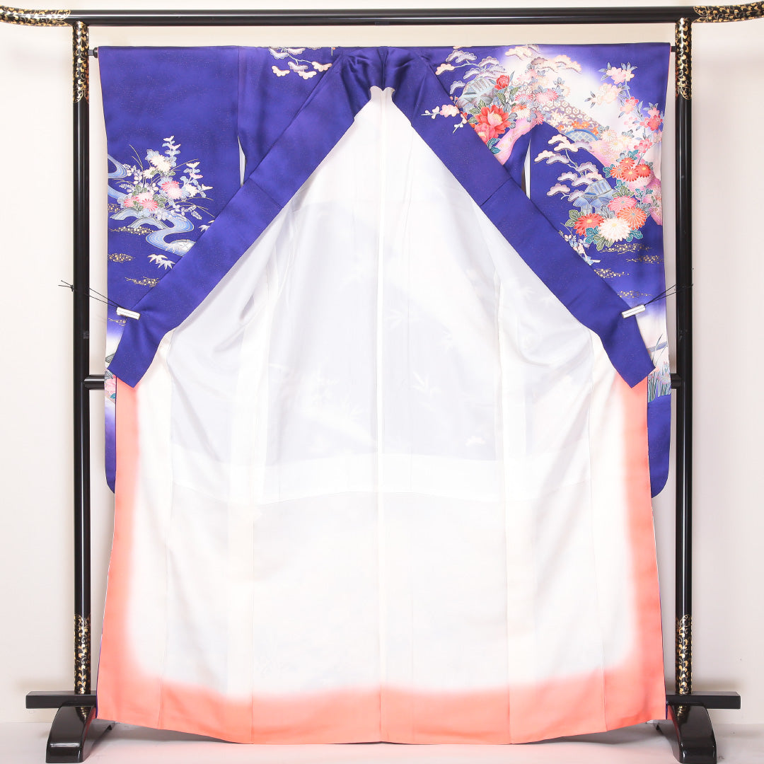 振袖 袷 身丈168cm 裄丈67cm 正絹 Aランク フォーマル 広衿 XLサイズ 金彩 御所解 牡丹 笹 紫系 RP 1215-06358