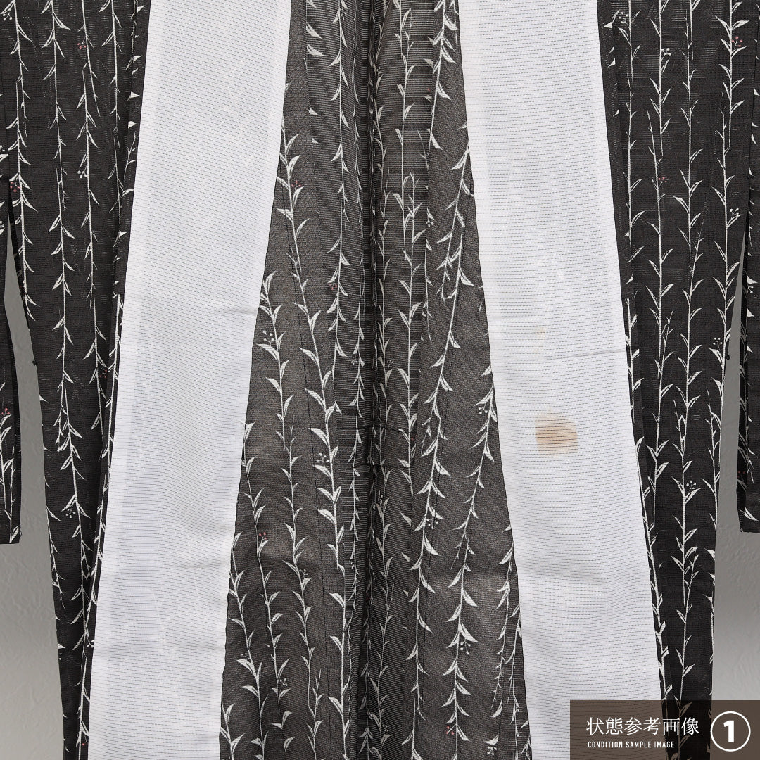 夏物 洗える着物 小紋 絽 身丈161cm 裄丈64cm ポリエステル Aランク インフォーマル 広衿 Lサイズ 花柄 黒系 RP 1221-17327