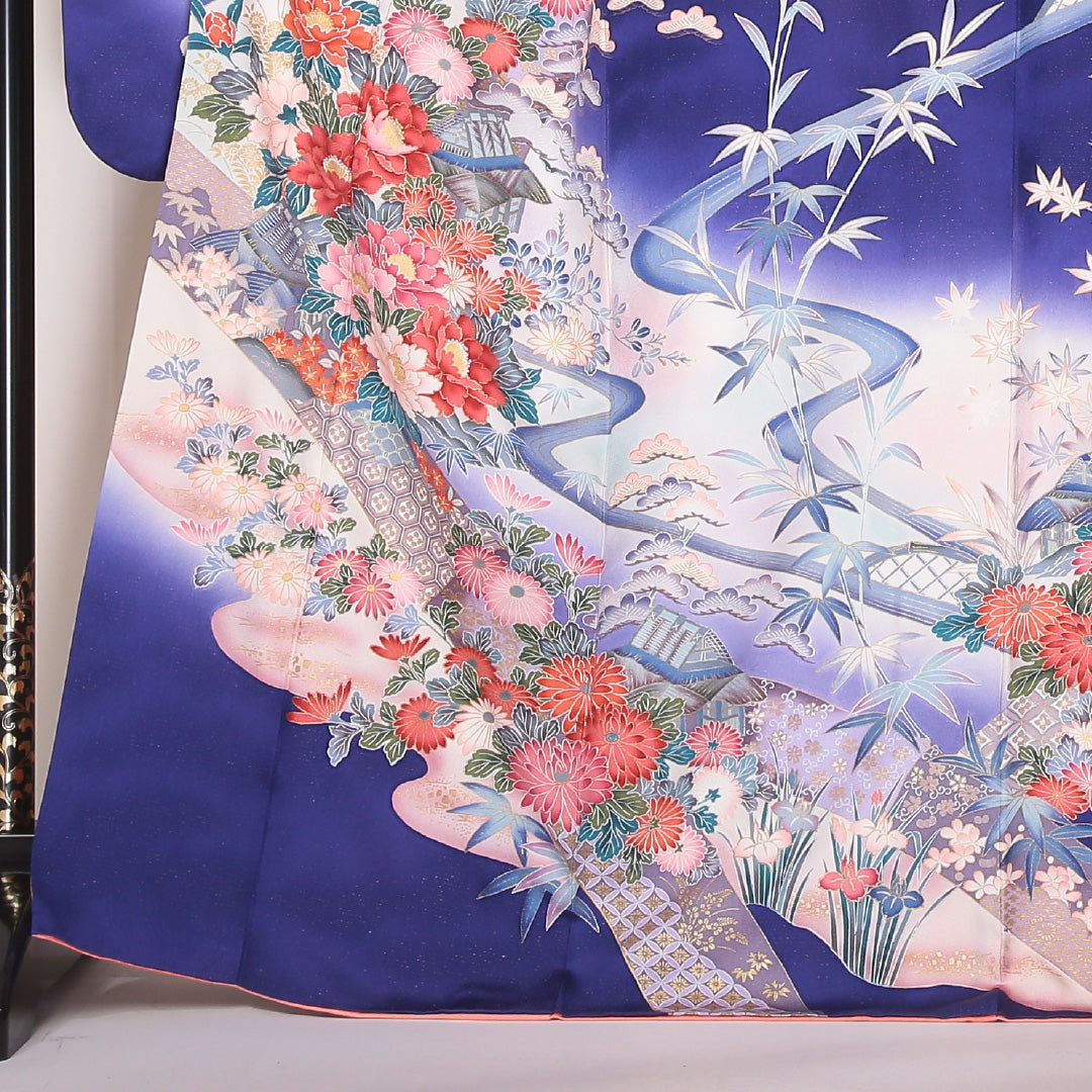 振袖 袷 身丈168cm 裄丈67cm 正絹 Aランク フォーマル 広衿 XLサイズ 金彩 御所解 牡丹 笹 紫系 RP 1215-06358