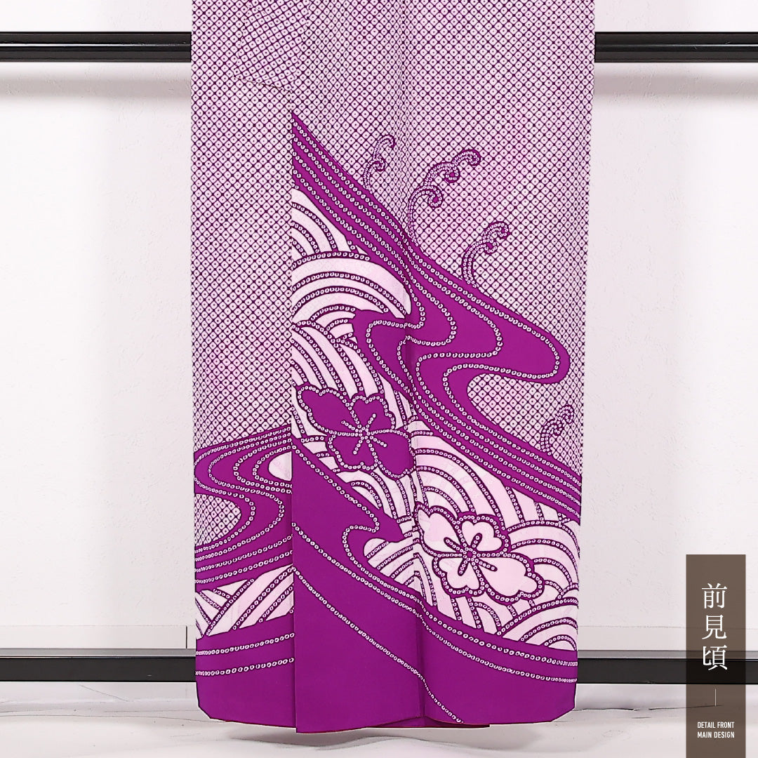 洗える着物 訪問着 袷 身丈156cm 裄丈65cm ポリエステル Aランク 踊り用 バチ衿 Mサイズ 荒磯 紫系 LP 1217-17506