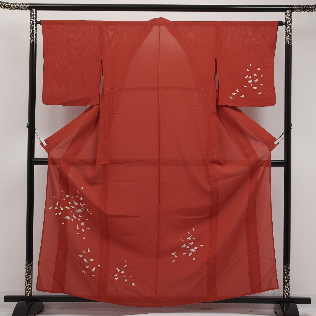夏物 付下げ 絽 身丈159cm 裄丈63cm 正絹 Cランク インフォーマル バチ衿 Lサイズ 創作柄 朱系 LP 1218-17311