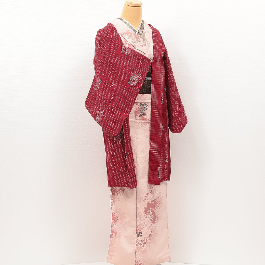 アンティーク 羽織 (紬) 袷 身丈95cm 裄丈62cm 正絹 Aランク Sサイズ 創作柄 赤系 LP 1232-17209