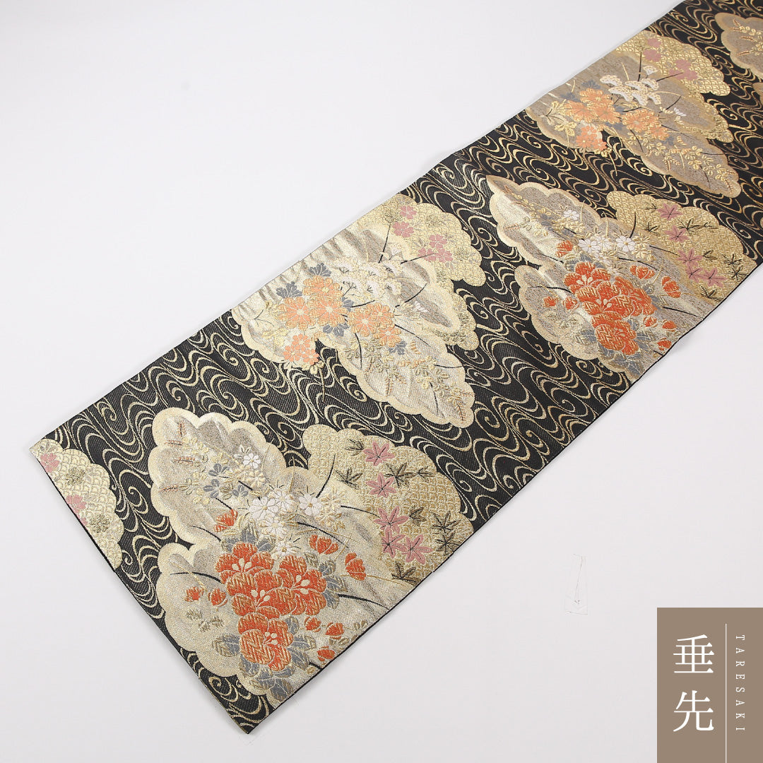 菊 袋帯 帯丈424cm 正絹 六通 フォーマル 観世水 黒系 1243-02587