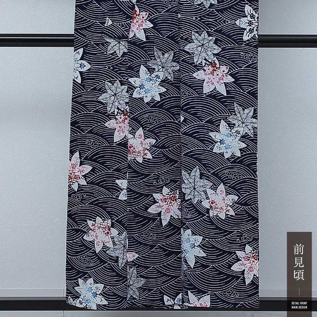 夏物 洗える着物 木綿の浴衣 身丈151cm 裄丈63cm 木綿 Cランク カジュアル バチ衿 Sサイズ 居敷当て 肩当て 光琳波 楓 紺系 RP 1225-17258