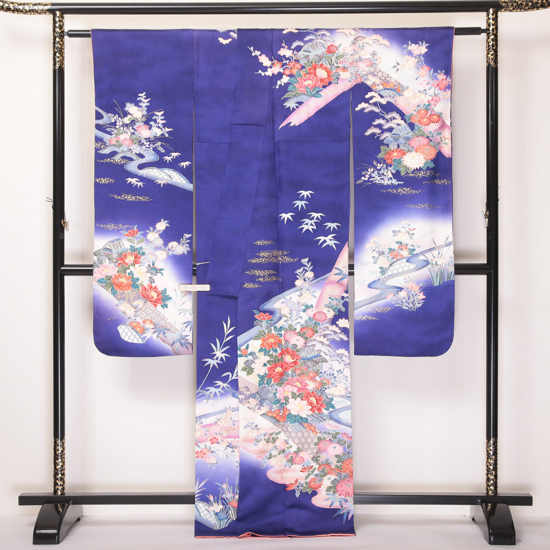 振袖 袷 身丈168cm 裄丈67cm 正絹 Aランク フォーマル 広衿 XLサイズ 金彩 御所解 牡丹 笹 紫系 RP 1215-06358