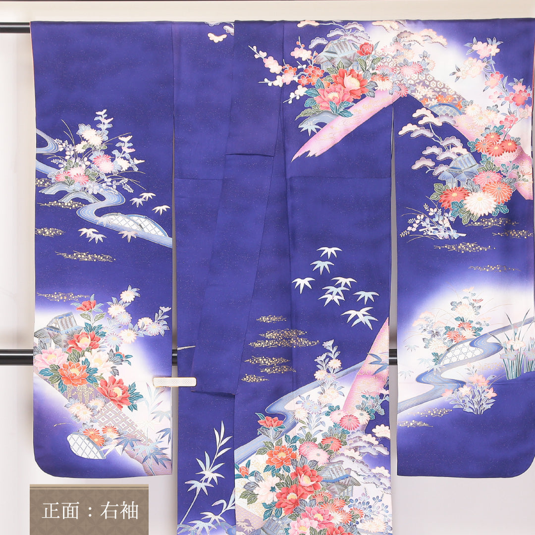 振袖 袷 身丈168cm 裄丈67cm 正絹 Aランク フォーマル 広衿 XLサイズ 金彩 御所解 牡丹 笹 紫系 RP 1215-06358